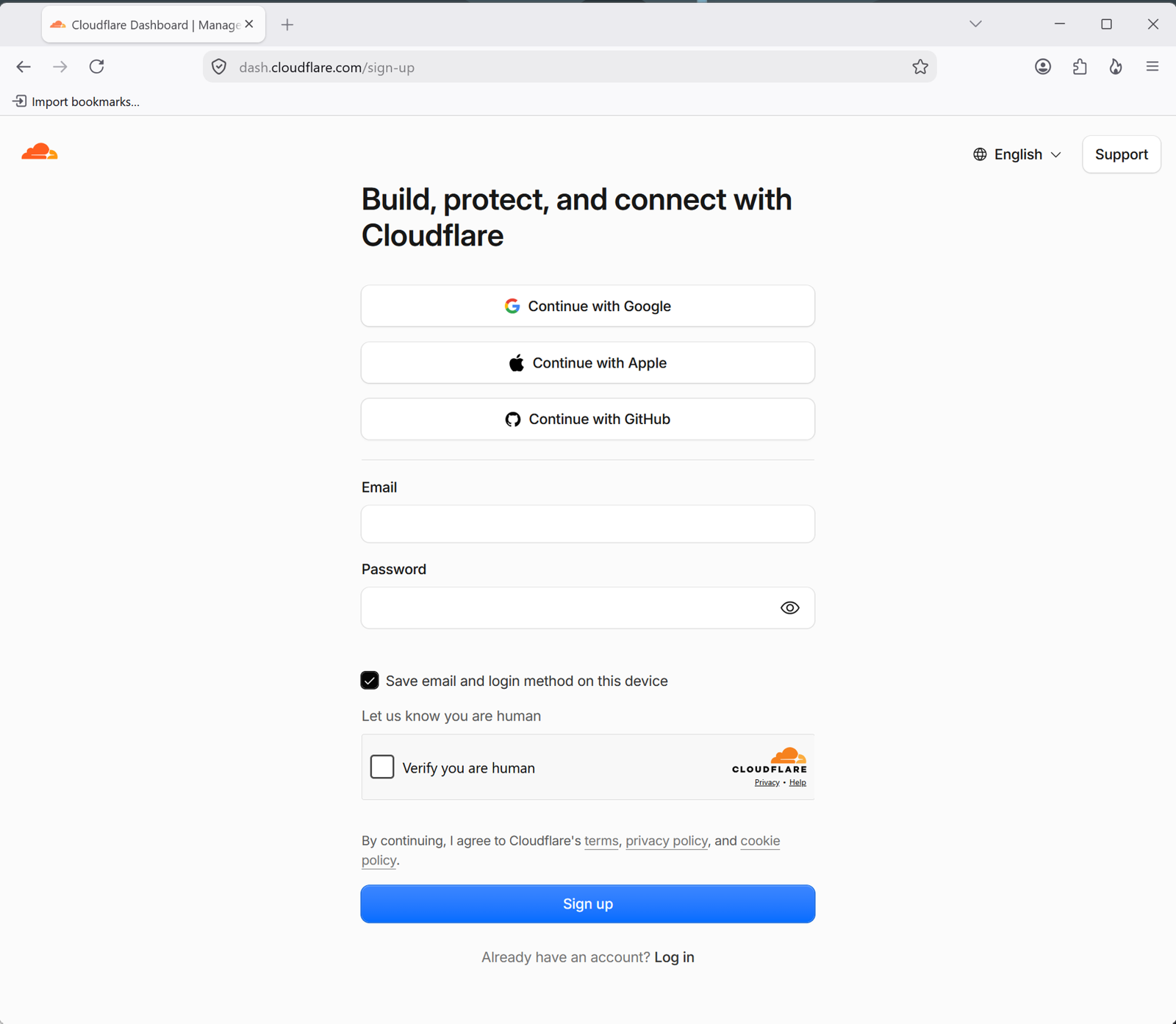Cloudflare sign-up page