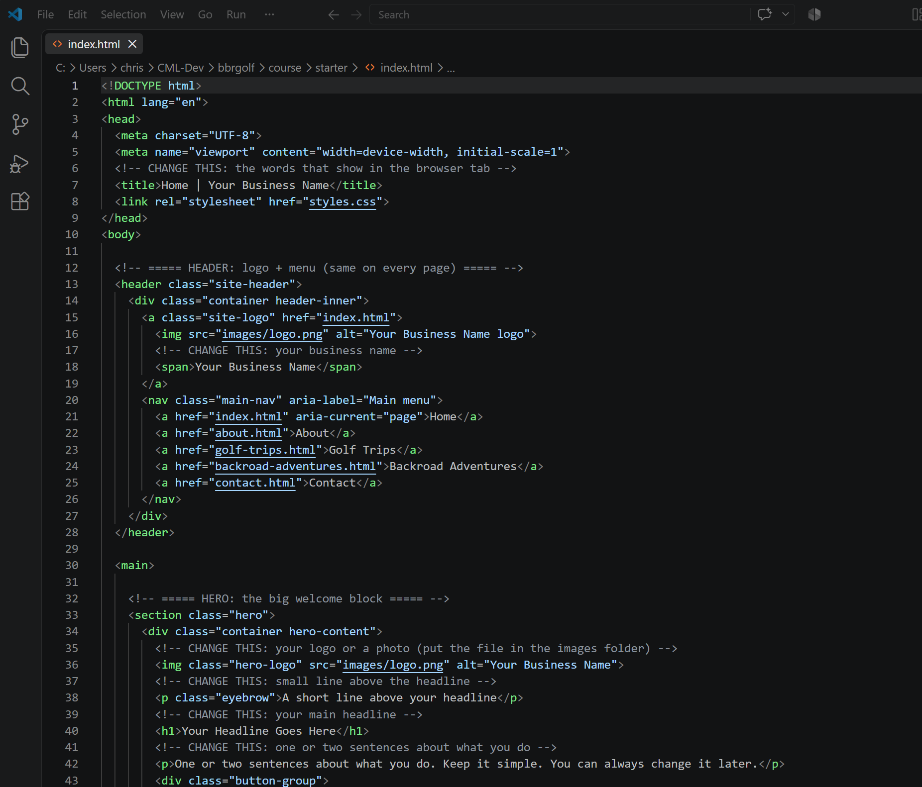 The folder open in VS Code